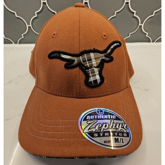 Texas Longhorns NCAA Men's Fitted Zephyr Orange/Plaid Hat Stretch Size M/L NWT - Picture 1 of 6